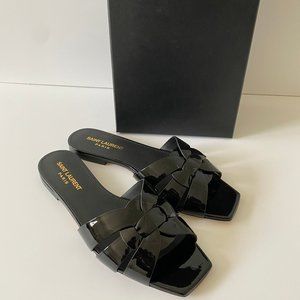 SAINT LAURENT Tribute Patent Calfskin Nu Slide Sandals 36.5